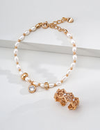 S925 Silver Natural Pearl Bracelet with CZ Charm & Gold Barrel Beads LOJ30