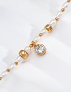 S925 Silver Natural Pearl Bracelet with CZ Charm & Gold Barrel Beads LOJ30