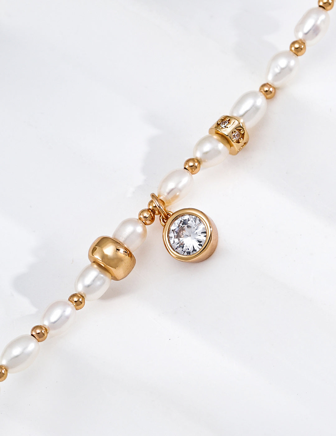 S925 Silver Natural Pearl Bracelet with CZ Charm & Gold Barrel Beads LOJ30