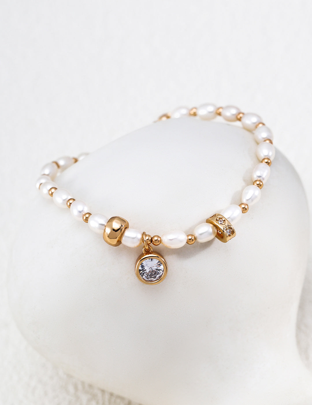 S925 Silver Natural Pearl Bracelet with CZ Charm & Gold Barrel Beads LOJ30