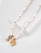 S925 Silver Natural Pearl Necklace with Fleur-de-Lis & CZ Bow Charms LOJ33