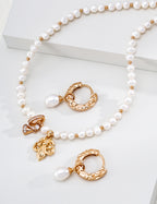 S925 Silver Natural Pearl Necklace with Fleur-de-Lis & CZ Bow Charms LOJ33