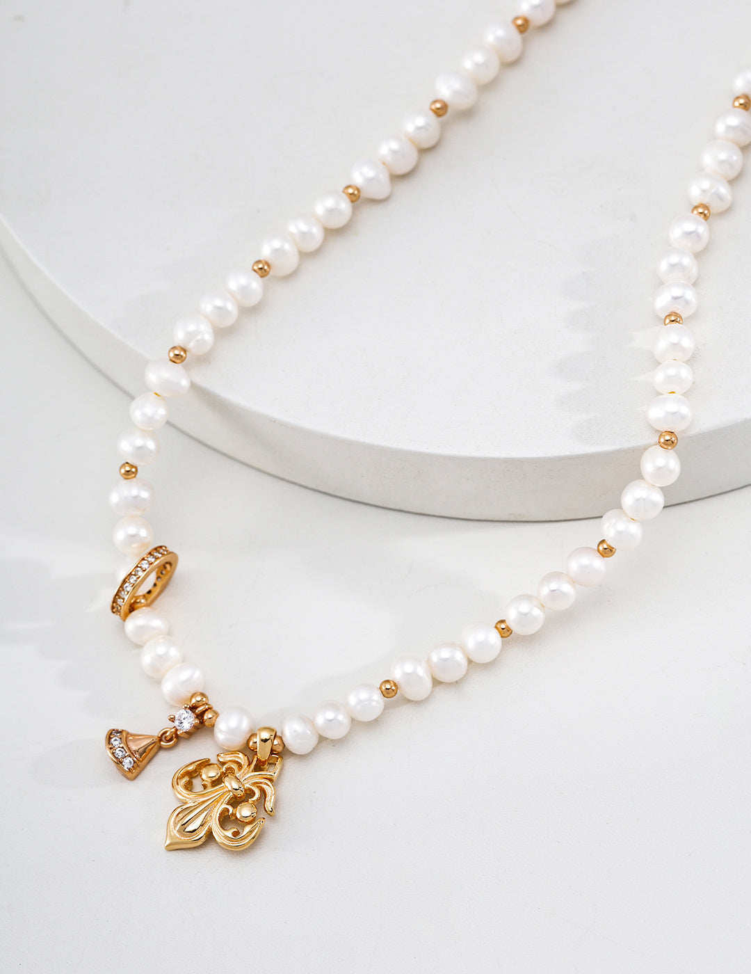 S925 Silver Natural Pearl Necklace with Fleur-de-Lis & CZ Bow Charms LOJ33