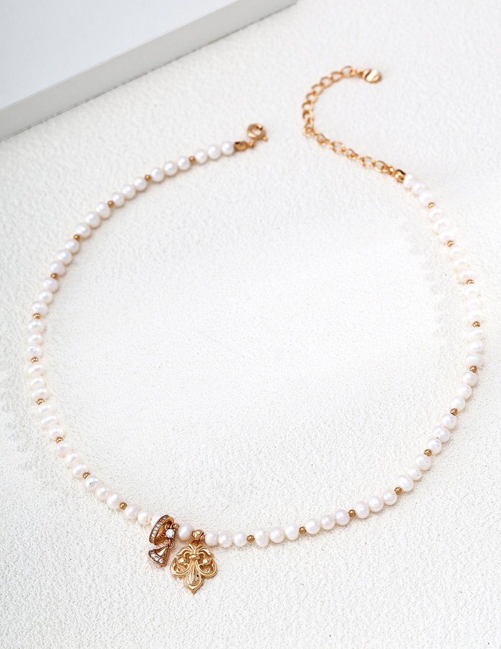 S925 Silver Natural Pearl Necklace with Fleur-de-Lis & CZ Bow Charms LOJ33