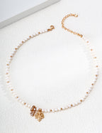 S925 Silver Natural Pearl Necklace with Fleur-de-Lis & CZ Bow Charms LOJ33