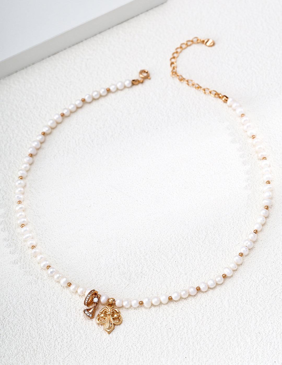 S925 Silver Natural Pearl Necklace with Fleur-de-Lis & CZ Bow Charms LOJ33
