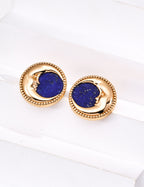 S925 Silver Vintage Lapis Lazuli Crescent Moon Medallion Stud Earrings LOJ34