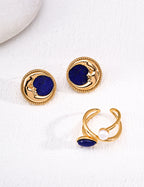S925 Silver Vintage Lapis Lazuli Crescent Moon Medallion Stud Earrings LOJ34