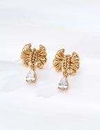 S925 Silver Vintage Bow & Teardrop CZ Drop Earrings LOJ37