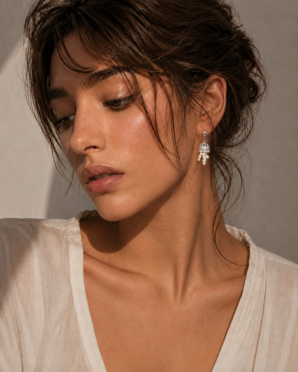 S925 Silver Wind Chime Pearl Tassel Drop Earrings LOJ45