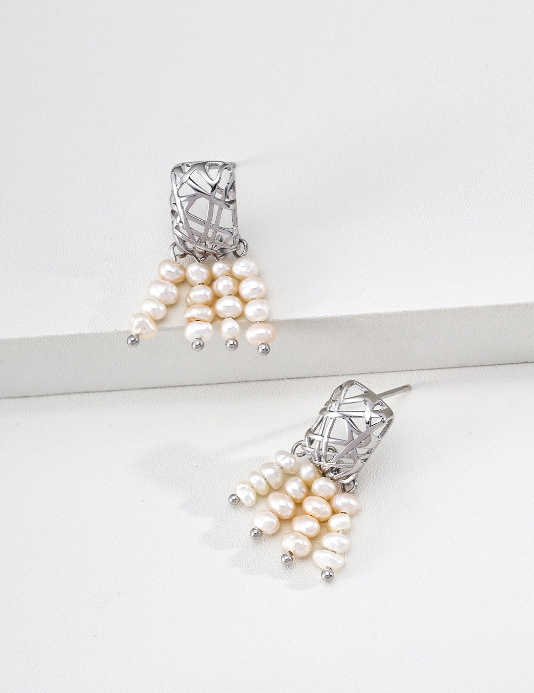 S925 Silver Woven Cage & Pearl Tassel Drop Earrings LOJ50