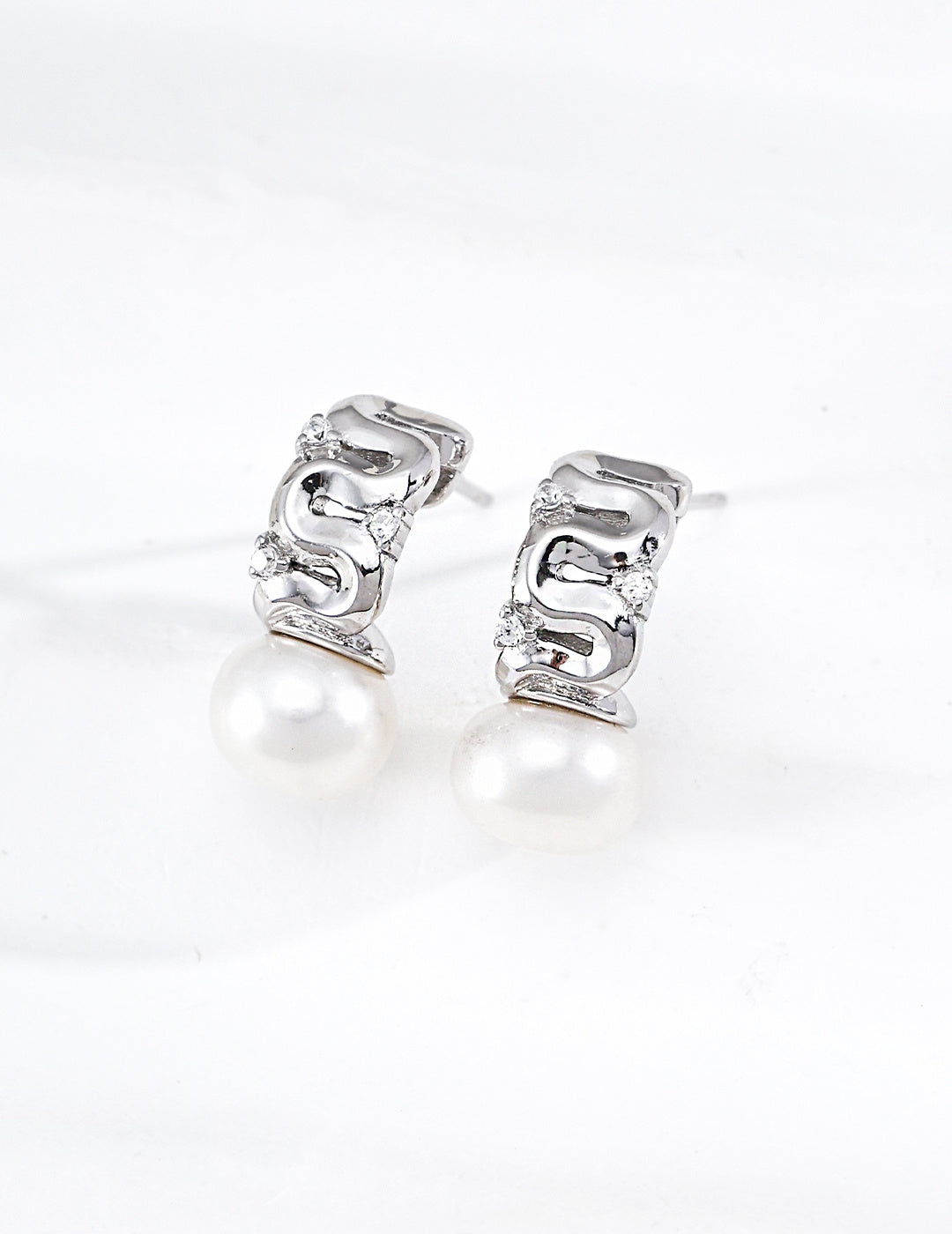 S925 Silver Wave Texture CZ & Pearl Drop Earrings LOJ53