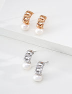 S925 Silver Wave Texture CZ & Pearl Drop Earrings LOJ53