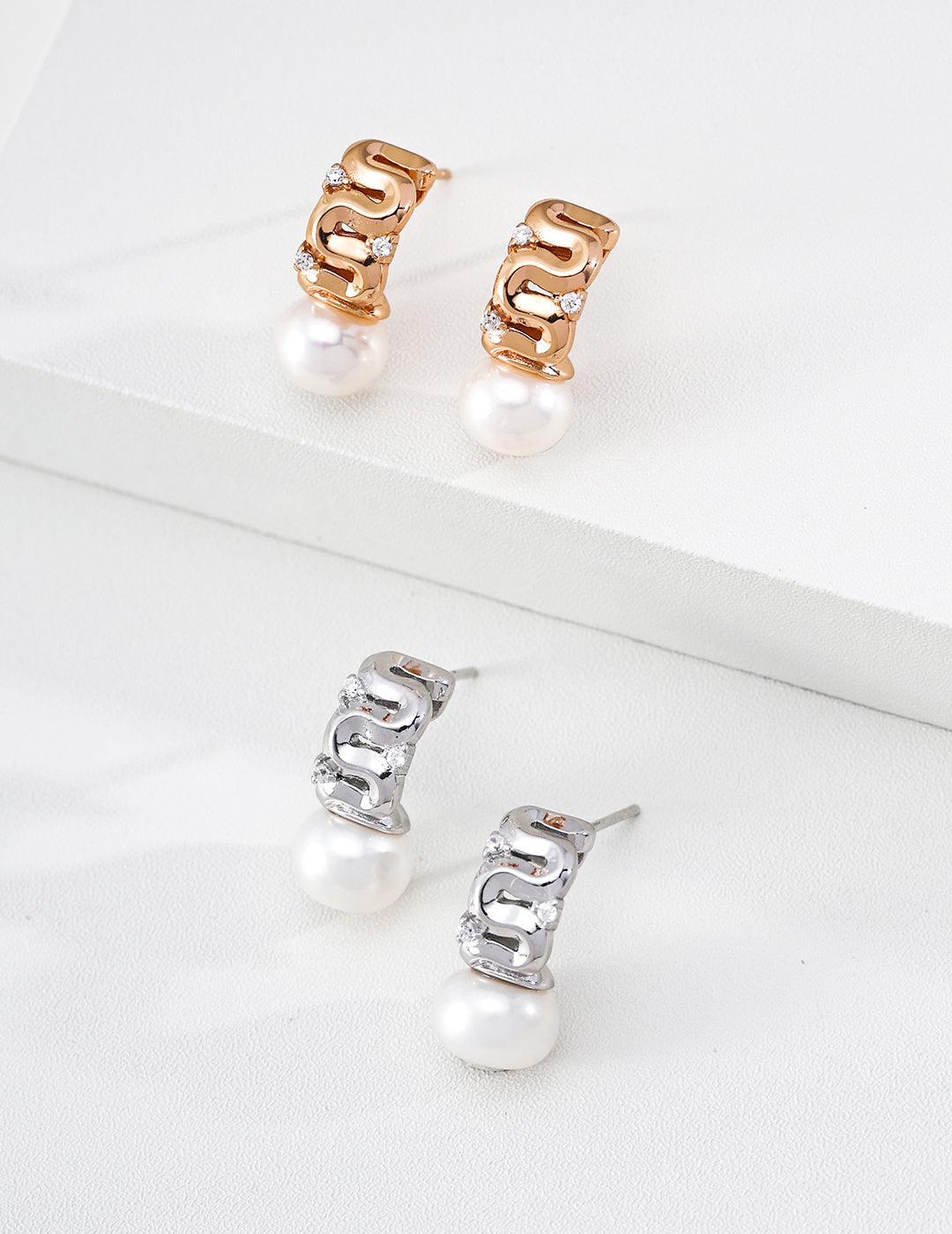 S925 Silver Wave Texture CZ & Pearl Drop Earrings LOJ53