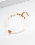S925 Silver Natural Pearl Bracelet with Gold Bow Charm LOJ55