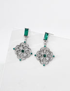 S925 Silver Emerald Green CZ Filigree Medallion Drop Earrings LOJ63