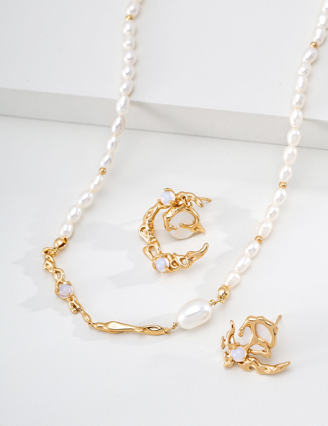 S925 Silver Natural Pearl & Opal Liquid Flow Necklace LOJ67