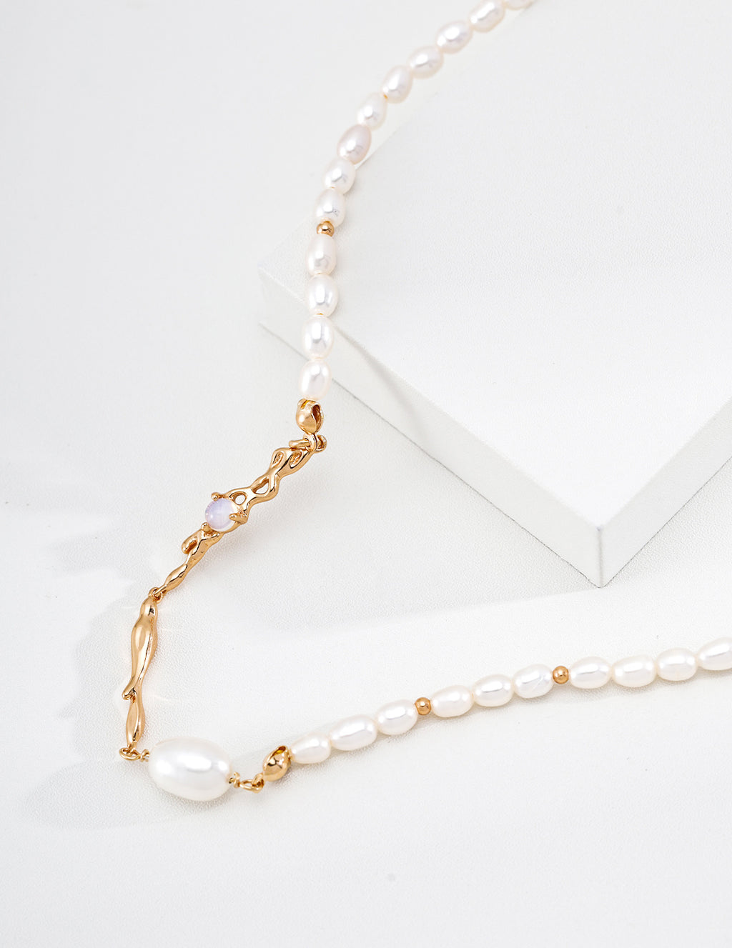 S925 Silver Natural Pearl & Opal Liquid Flow Necklace LOJ67