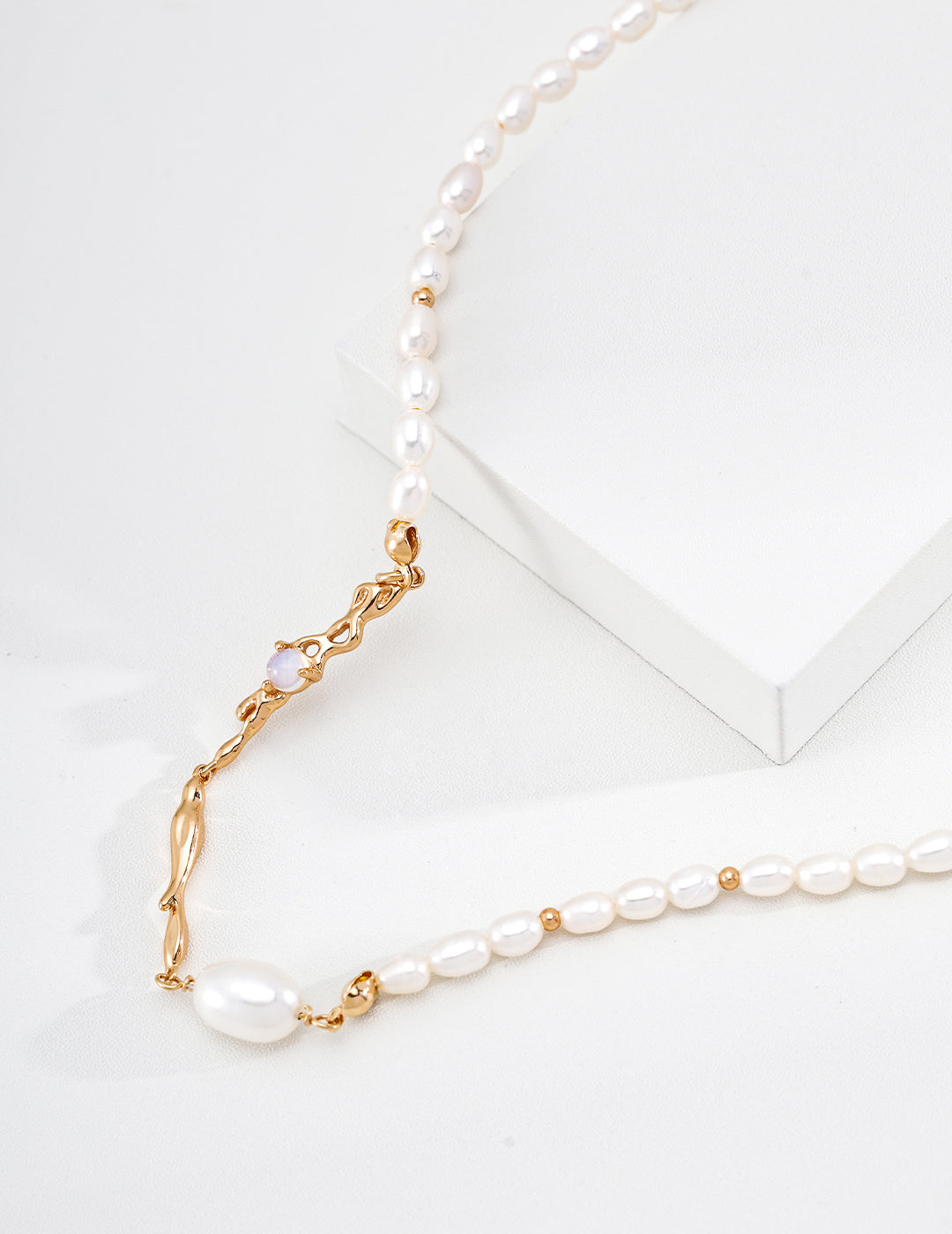 S925 Silver Natural Pearl & Opal Liquid Flow Necklace LOJ67