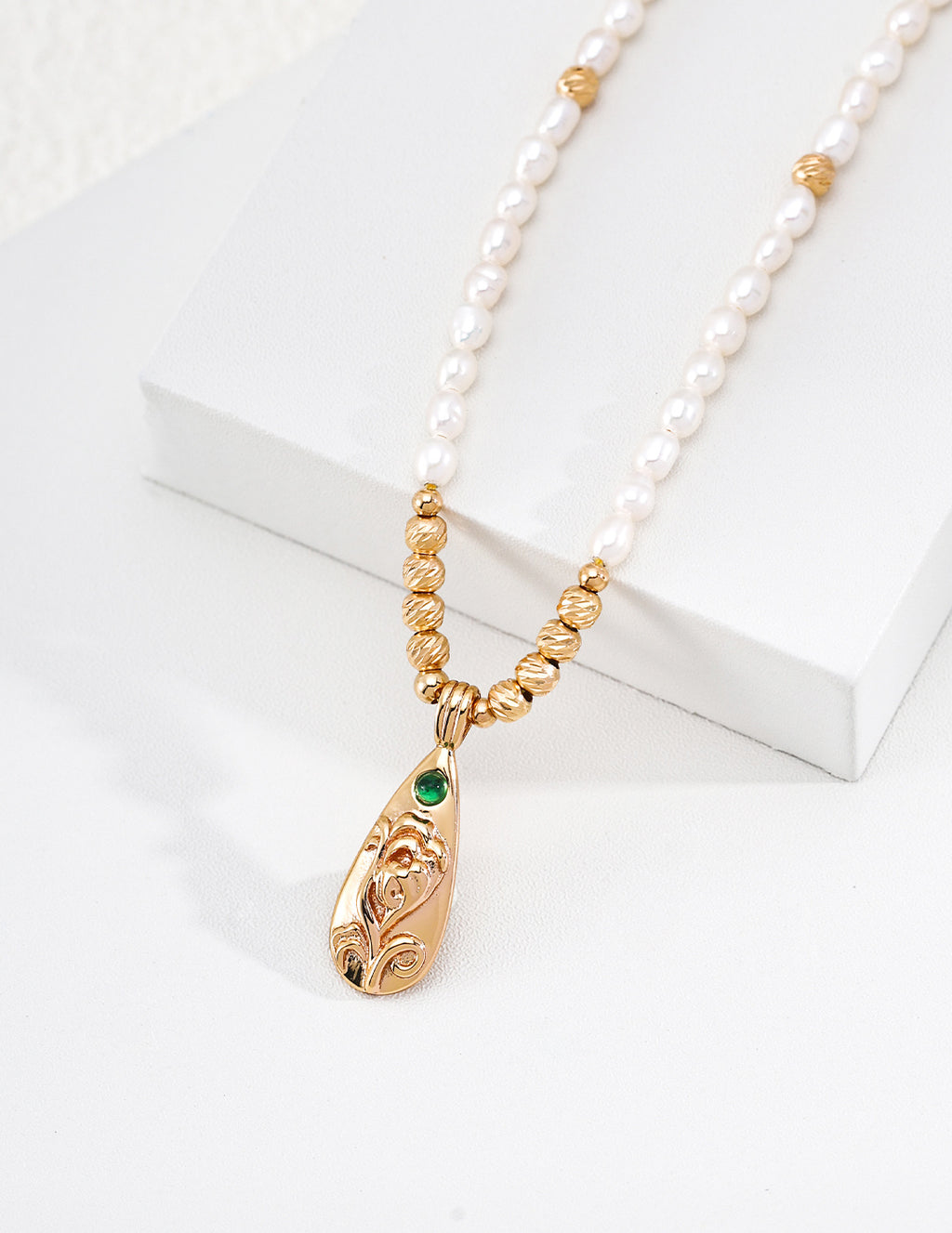 S925 Silver Pearl Necklace with Emerald CZ Floral Scroll Pendant — First Bloom LOJ74