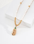S925 Silver Pearl Necklace with Emerald CZ Floral Scroll Pendant — First Bloom LOJ74