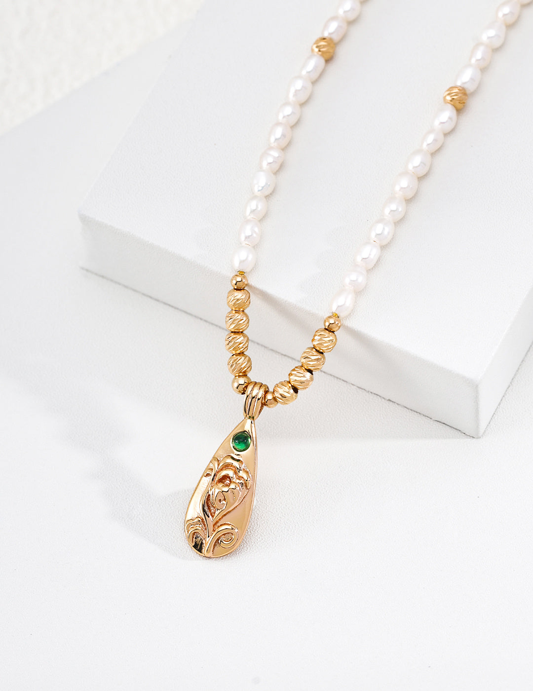 S925 Silver Pearl Necklace with Emerald CZ Floral Scroll Pendant — First Bloom LOJ74