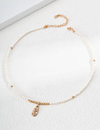 S925 Silver Pearl Necklace with Emerald CZ Floral Scroll Pendant — First Bloom LOJ74