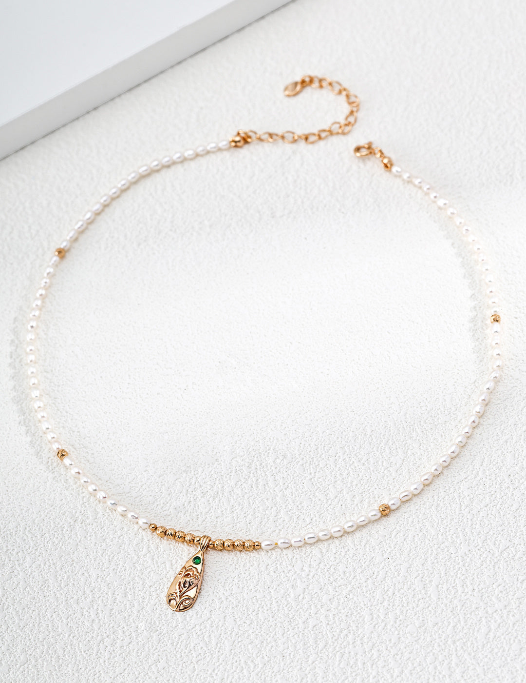 S925 Silver Pearl Necklace with Emerald CZ Floral Scroll Pendant — First Bloom LOJ74
