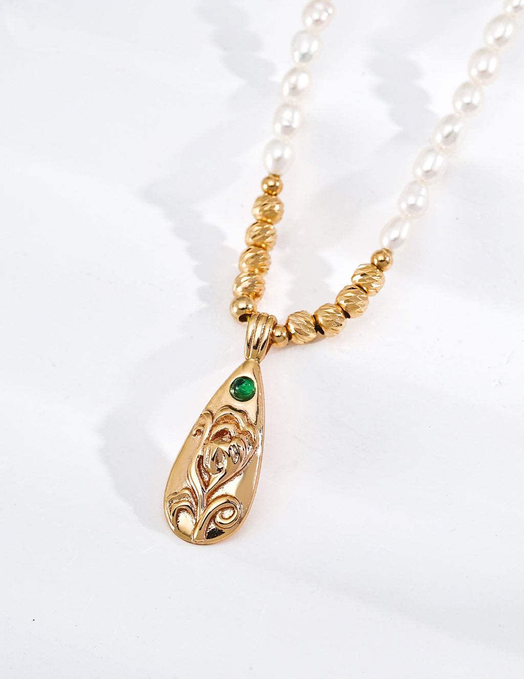 S925 Silver Pearl Necklace with Emerald CZ Floral Scroll Pendant — First Bloom LOJ74