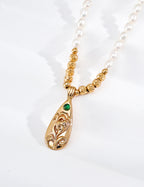 S925 Silver Pearl Necklace with Emerald CZ Floral Scroll Pendant — First Bloom LOJ74