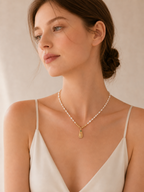 S925 Silver Pearl Necklace with Emerald CZ Floral Scroll Pendant — First Bloom LOJ74