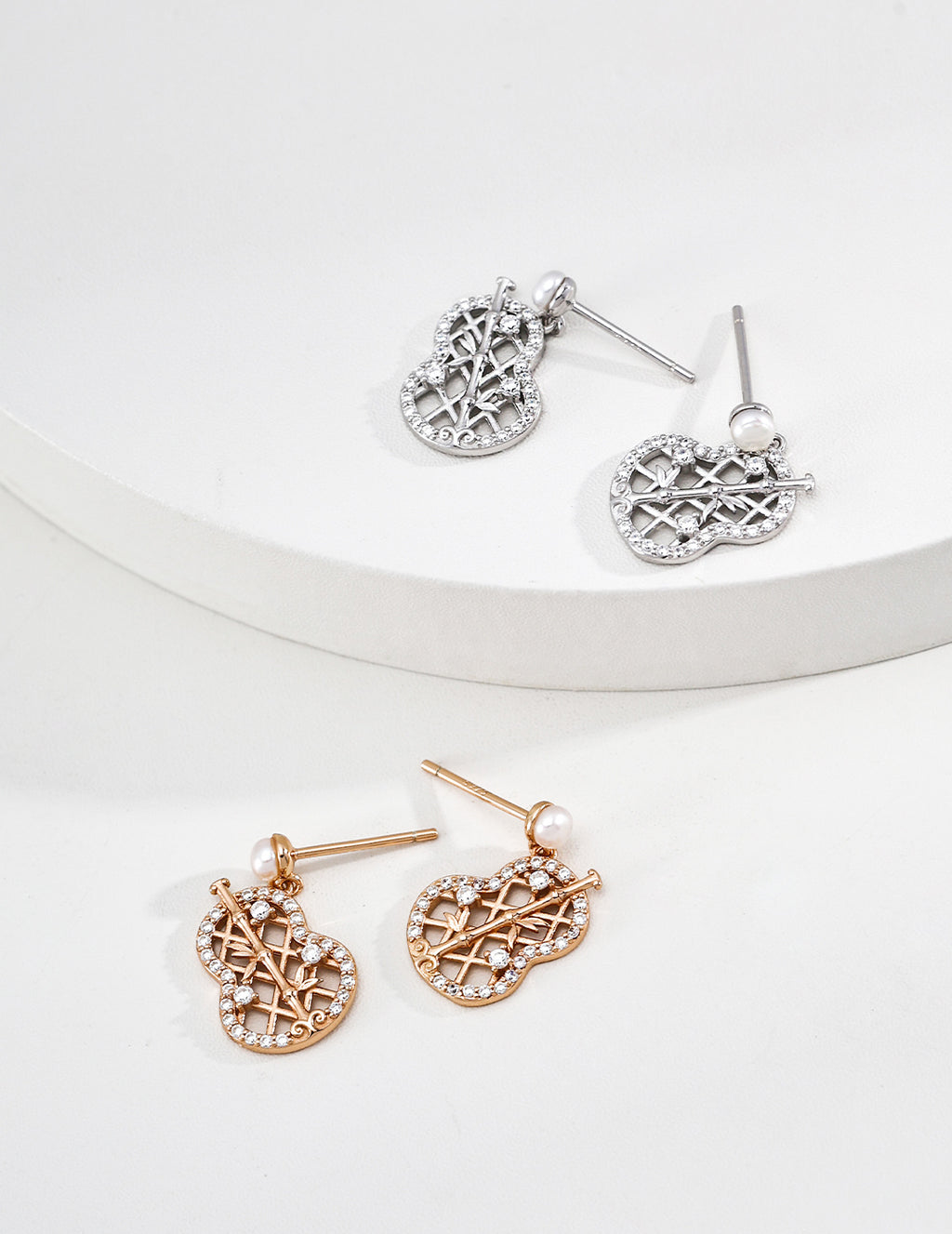 S925 Silver Vintage Pipa Lute Filigree CZ Pearl Drop Earrings — Fortune's Song LOJ75