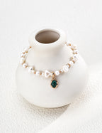 S925 Silver Natural Pearl & Malachite Charm Bracelet LOJ81