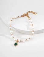 S925 Silver Natural Pearl & Malachite Charm Bracelet LOJ81