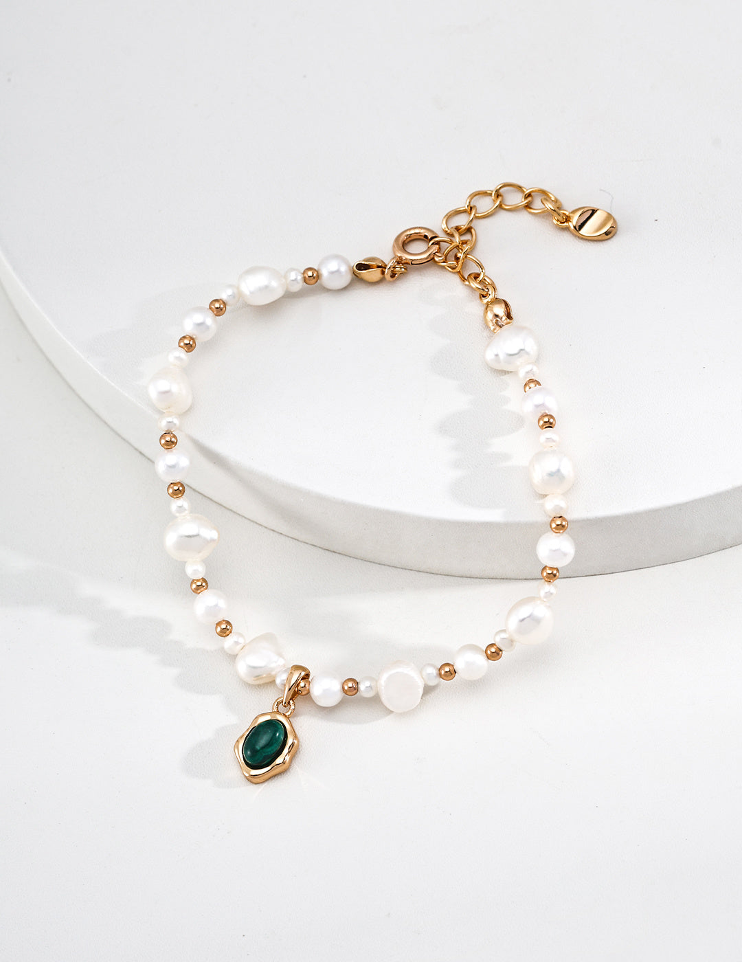 S925 Silver Natural Pearl & Malachite Charm Bracelet LOJ81