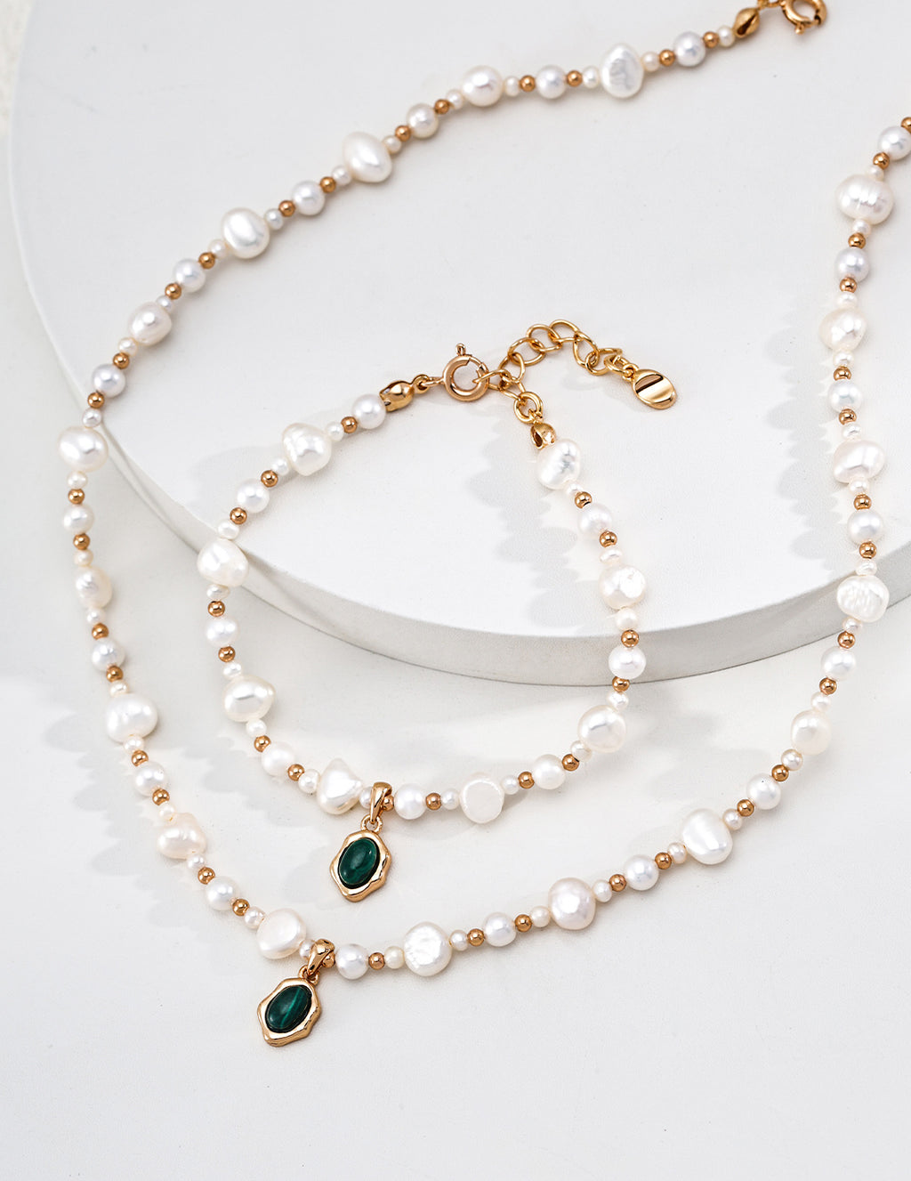 S925 Silver Natural Pearl & Malachite Charm Bracelet LOJ81