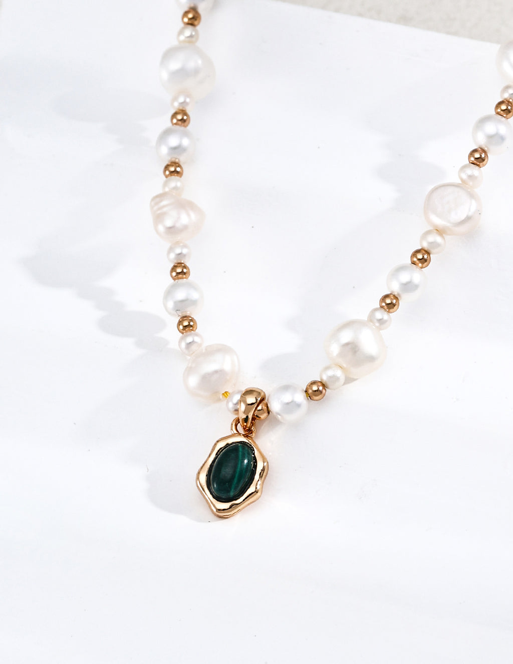 S925 Silver Natural Pearl & Malachite Charm Necklace LOJ82