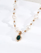 S925 Silver Natural Pearl & Malachite Charm Necklace LOJ82
