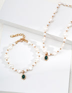 S925 Silver Natural Pearl & Malachite Charm Necklace LOJ82