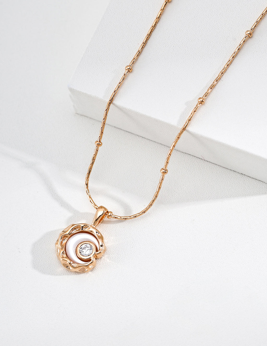 S925 Silver Mother-of-Pearl Spiral Moon & CZ Star Pendant Necklace — Starry Night LOJ83