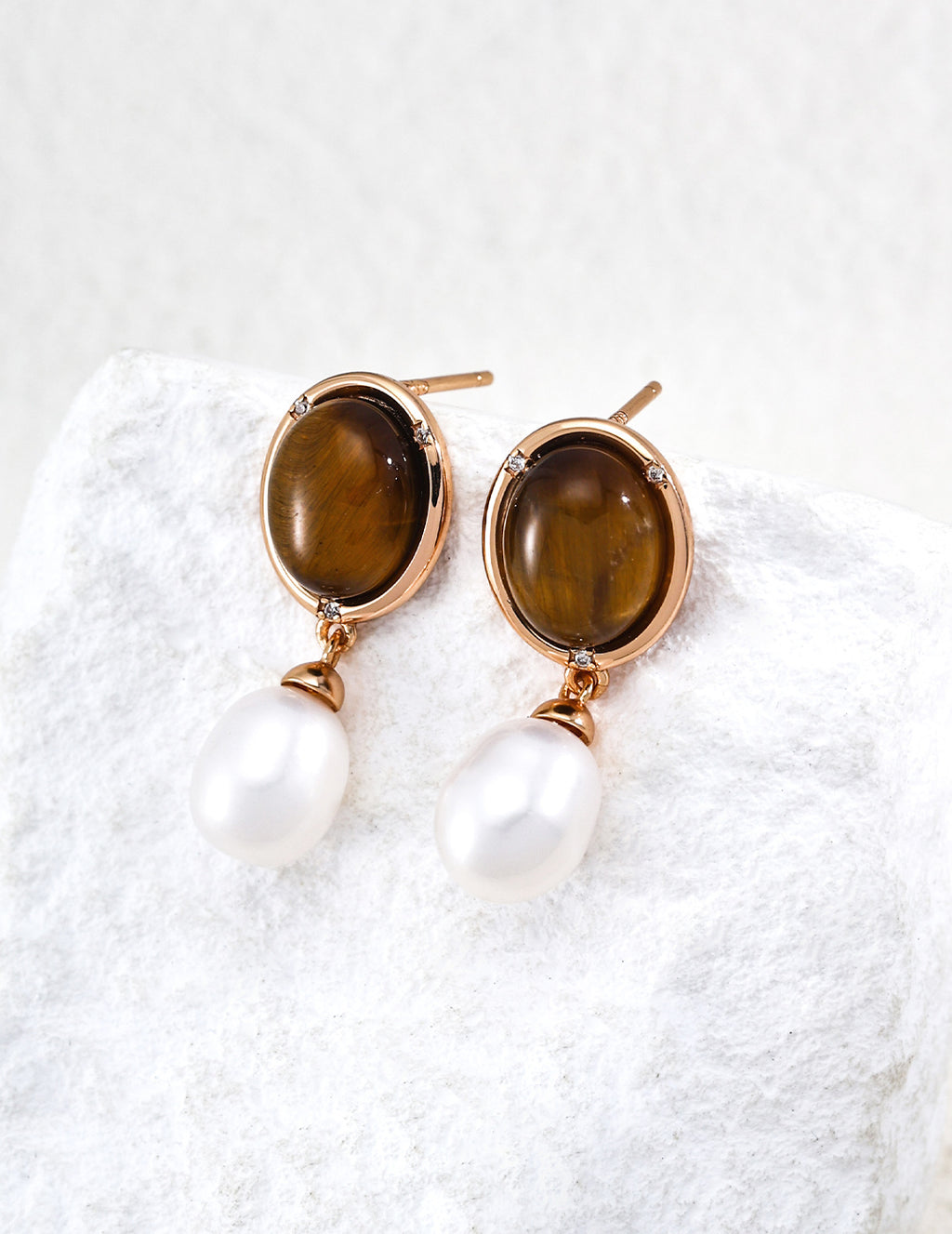 S925 Silver Natural Stone & Baroque Pearl Drop Earrings — Tiger's Eye | Malachite LOJ84