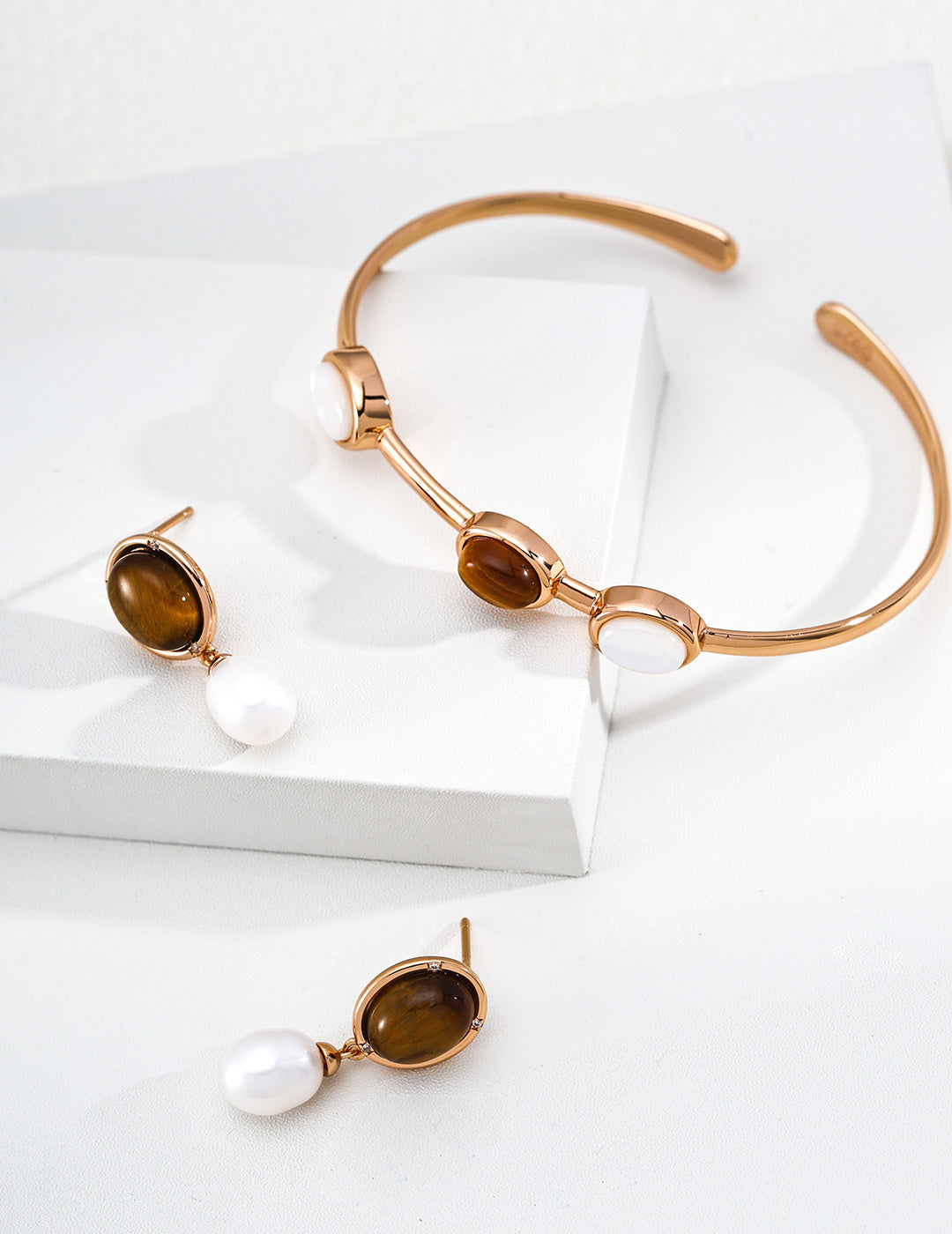 S925 Silver Natural Stone & Baroque Pearl Drop Earrings — Tiger's Eye | Malachite LOJ84