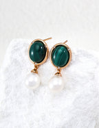S925 Silver Natural Stone & Baroque Pearl Drop Earrings — Tiger's Eye | Malachite LOJ84
