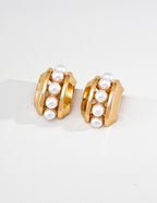 S925 Silver Pearl Inlay Wide Huggie Earrings | Vintage Gold & Platinum LOJ103