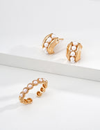 S925 Silver Pearl Inlay Wide Huggie Earrings | Vintage Gold & Platinum LOJ103