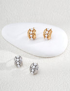 S925 Silver Pearl Inlay Wide Huggie Earrings | Vintage Gold & Platinum LOJ103