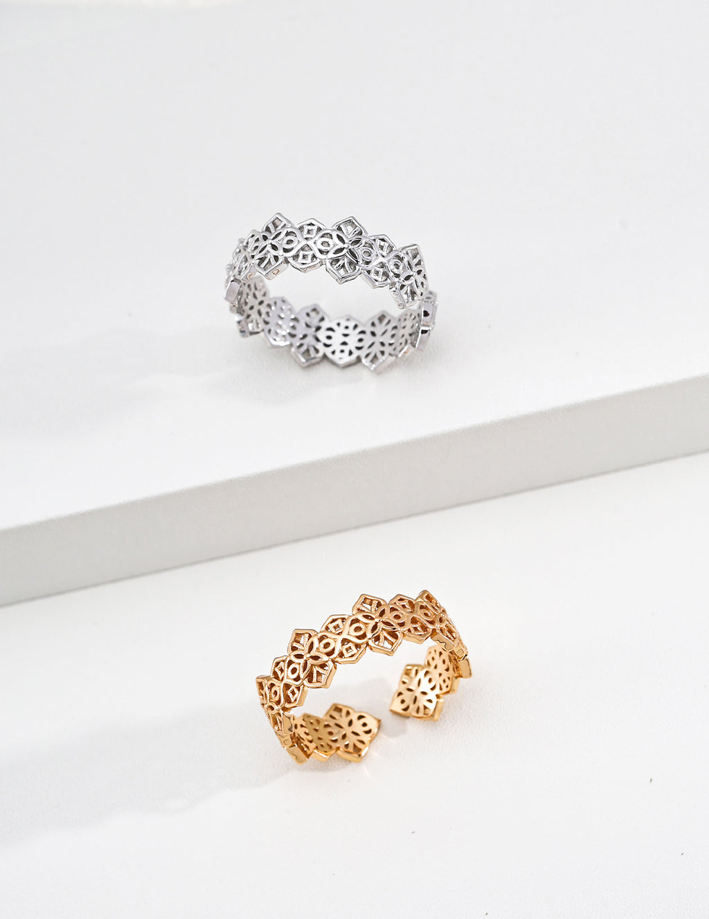 S925 Silver Lianli Lattice Honeycomb Floral Open Ring | Vintage Gold & Platinum White LOJ147