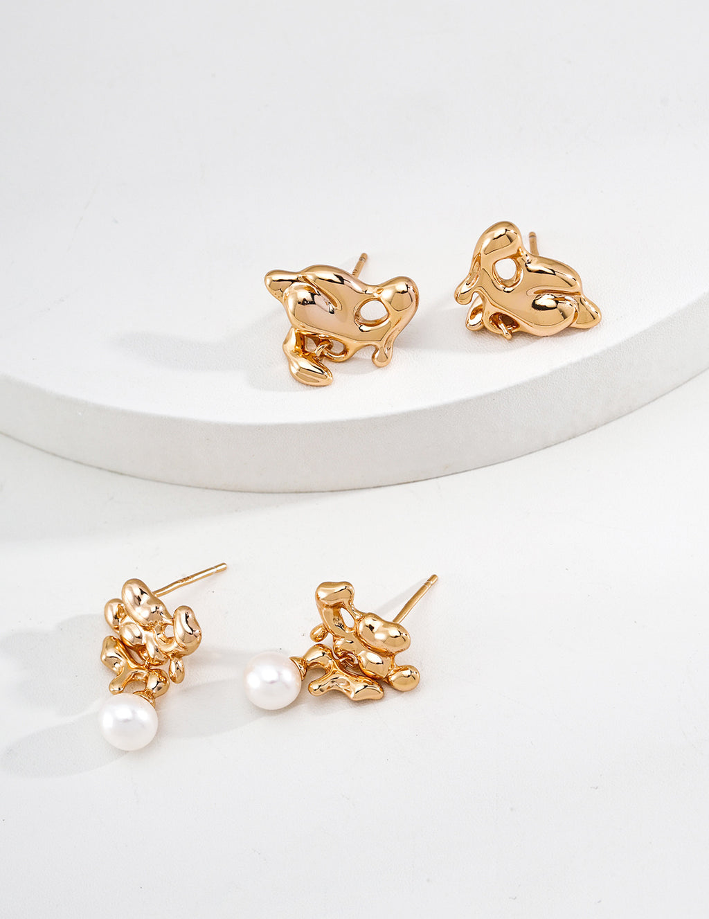 S925 Silver Fluid Lava Sculptural Organic Stud Earrings | Vintage Gold & Platinum White LOJ149