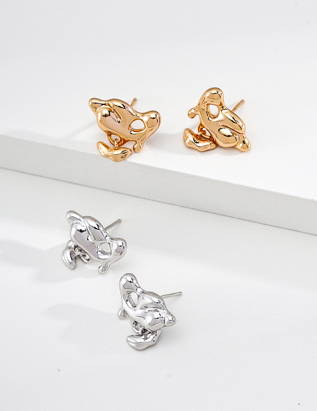 S925 Silver Fluid Lava Sculptural Organic Stud Earrings | Vintage Gold & Platinum White LOJ149