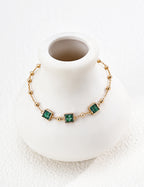 S925 Silver Emerald Green CZ Four-Square Station Satellite Bracelet | Vintage Gold LOJ136
